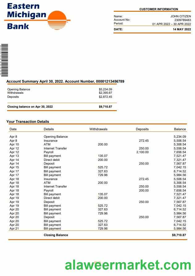 USA Eastern Michigan Bank statement